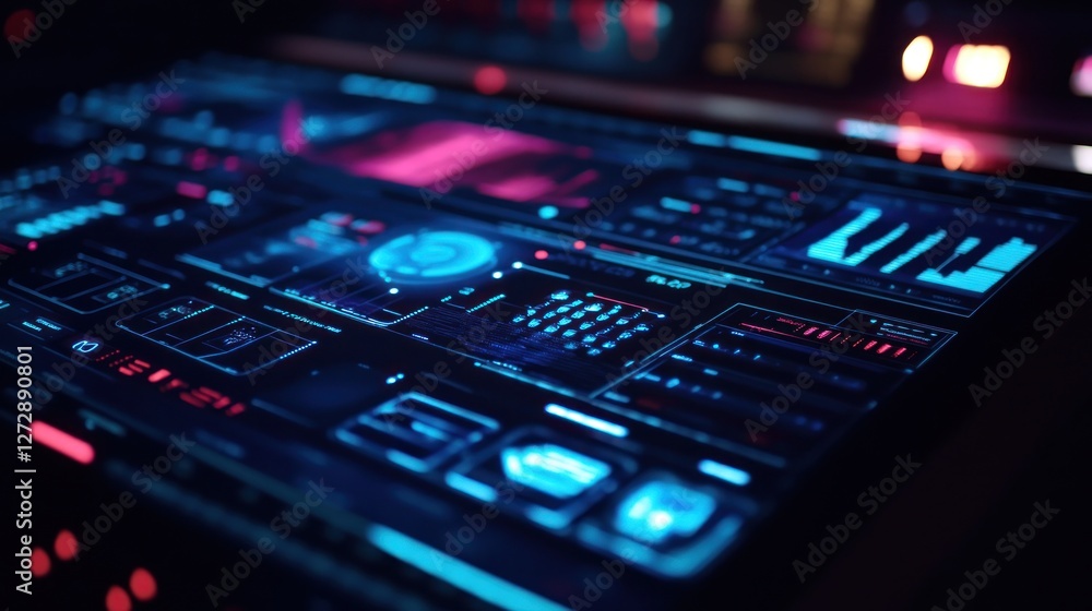 Poster futuristic digital dashboard displaying data analytics with vibrant colors and graphs, set in a high