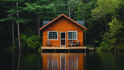 A serene lakeside cabin surrounded by lush greenery, reflecting beautifully on the calm water, perfect for a peaceful getaway.