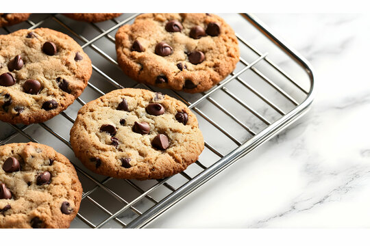Freshly baked chocolate chip cookies on cooling rack