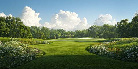 Fototapeta premium Golf course landscape in serene nature setting outdoor panoramic view