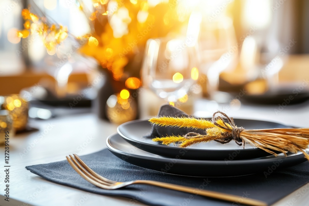 Aufkleber elegant table setting with black plates and golden accents creating a warm and inviting atmosphere f