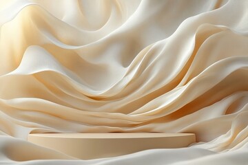 Obraz premium Abstract Beige Podium with Flowing Ribbons on Light Cream Background: Ideal for Product Presentation in Beauty Industry.