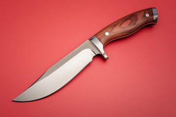 Obraz premium Sharp hunting knife with wood handle on red surface