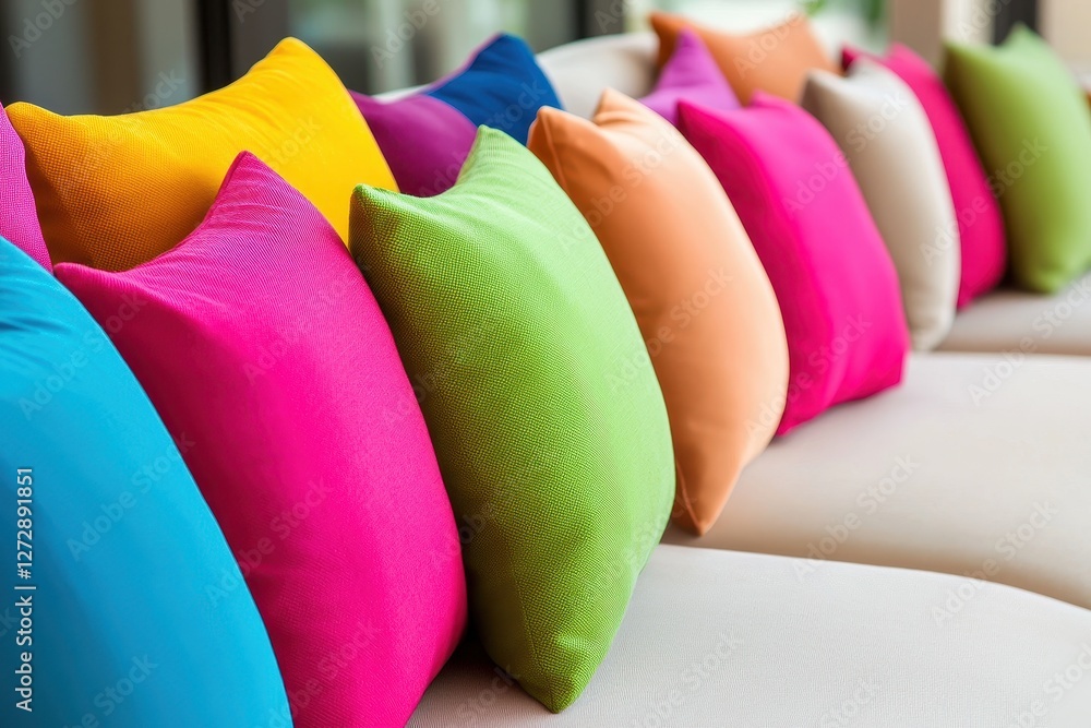 Poster vibrant cushions arrayed on a cream sofa creating a colorful and inviting atmosphere with a shallow 