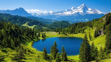 Scenic mountain lake surrounded by lush forest and snowy peaks