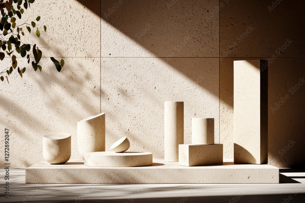 Poster geometric stone podiums in warm light with leaf shadows casting a serene and minimalist scene ideal 