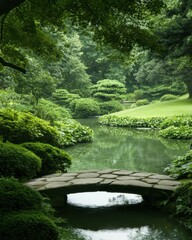 Fototapeta premium Tranquil garden scene with bridge serene nature landscape lush environment peaceful viewpoint