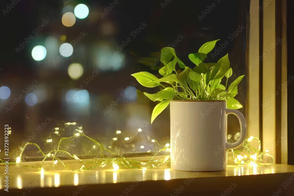 Poster serene indoor scene featuring a plant in a mug on a windowsill with soft bokeh lights creating a coz