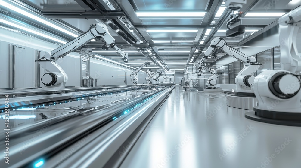 Poster automated robotic arms assembling product on conveyor belt in modern factory with bright lighting