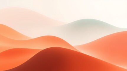 Minimalist desert landscape, rolling sand dunes, warm orange tones, misty pastel mountains, layered hills, abstract geometric shapes, soft gradients, tranquil atmosphere, simplified forms, muted color