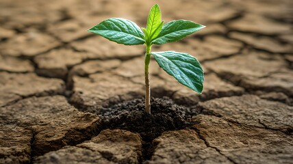 Tiny Seedling Growing on Cracked Soil: An Illustration of Hope and Renewal for World Earth Day and Environmental Protection Campaigns.
