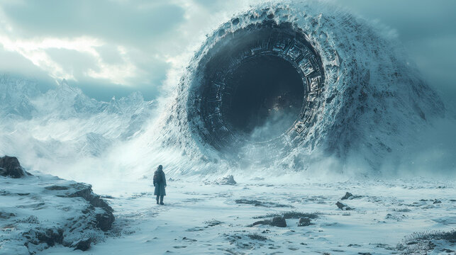 Futuristic explorer uncovers ancient biomechanical relic beneath frozen alien ocean in deep-space archaeological site