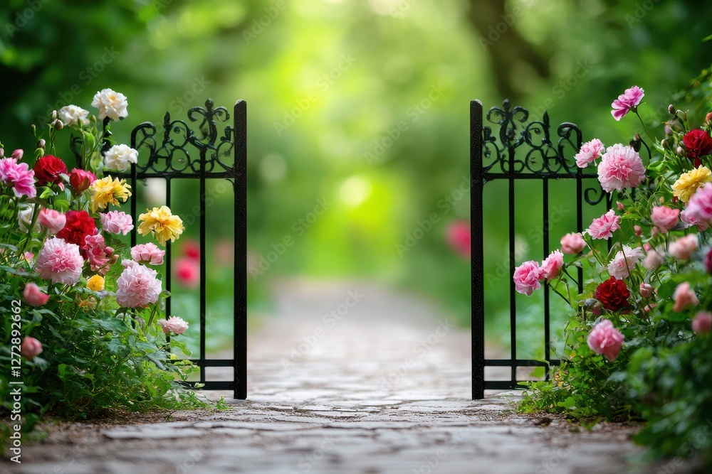 Poster enchanting garden gate adorned with vibrant colorful flowers inviting passage to a serene and peacef