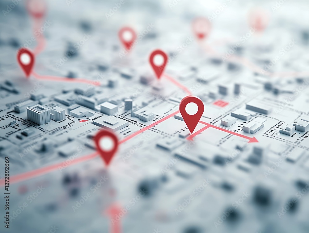 Poster map with location markers and routes in urban setting