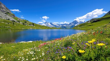 Alpine lake surrounded by wildflowers with snow capped mountains