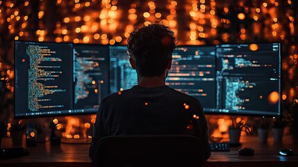 expert programmer engaged in software development crafting code on dual monitors amidst cybersecurity challenges