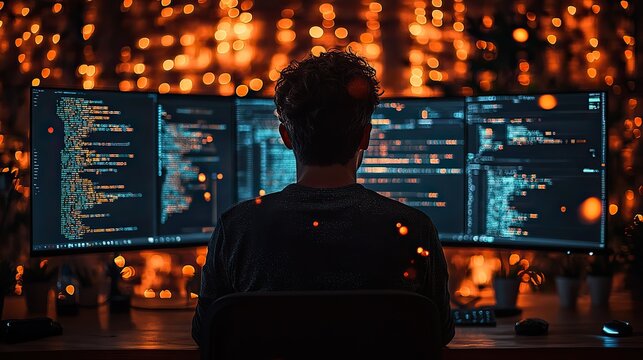 expert programmer engaged in software development crafting code on dual monitors amidst cybersecurity challenges