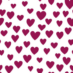 Seamless pattern with pink hearts. Template holiday vector illustration. Design for card, postcard, poster, print, banner. Cartoon colorful hearts on white background.