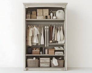 Organized light-colored clothes closet with accessories