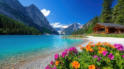 Picturesque lake louise scene showing mountains flowers and log cabin