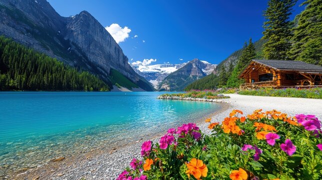 Picturesque lake louise scene showing mountains flowers and log cabin