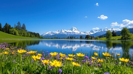 Scenic alpine lake reflects snow capped mountains and wildflowers