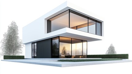 A luxurious modern home with a spacious front yard and contemporary exterior, isolated on a white background to emphasize its elegant structure and open space