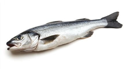 Fototapeta premium A raw sea bass fillet, isolated on white, showcasing its smooth texture and mild flavor, perfect for grilling or sashimi