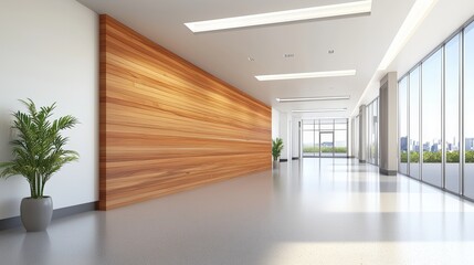Fototapeta premium A bright, modern interior space featuring large windows, a wooden accent wall, and a potted plant, creating a fresh, inviting atmosphere.