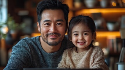 father working remotely at home while smiling daughter interacts with him capturing work life balance in a modern family setting