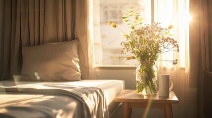 Serene hospital room with single bed, soft sunlight through window, and fresh flowers on bedside table, symbolizing care and recovery. Peaceful and healing environment concept.