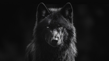 Black wolf intense gaze dramatic backlight glowing eyes dark background wild predator moody lighting fine art photography minimalistic elegant isolated silhouette artistic aesthetic calm zen pet print