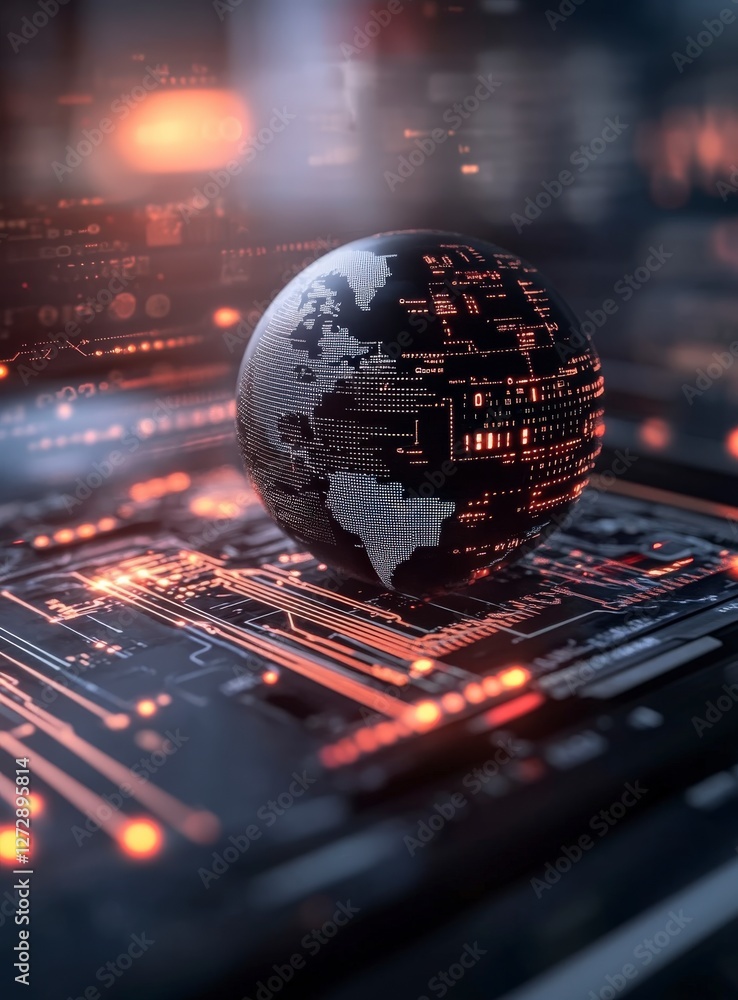 Poster digital globe surrounded by circuit patterns and data connections representing global technology and