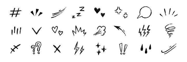 Naklejka premium Line movement comic element, cartoon emotion mark effect decoration icon. Hand drawn cute doodle line element arrow, emphasis, shock, sparkle. Anime movement, express shape. Vector illustration