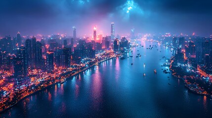 Obraz premium Night aerial view of illuminated cityscape reflecting on river. Possible stock photo use showcasing urban development