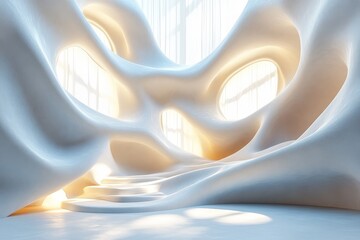 Obraz premium White Abstract Background with Wave-like Shape on Wall: An Innovative Interior Design Concept in 3D Render.