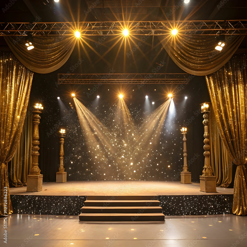 Fototapete a luxurious golden stage background adorned with sparkling glitters and illuminated by vibrant spotl