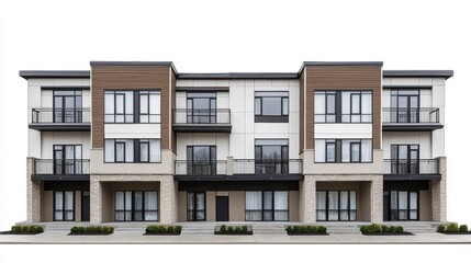 Fototapeta premium A stylish urban townhouse with a sleek exterior and a well-kept front porch, isolated on a white background to highlight city living