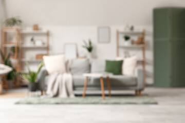Blurred view of light living room with sofa, shelf units and green plants