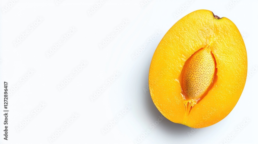 Poster a top view of a sliced mango with its seed visible in the middle, isolated on a clean white backgrou