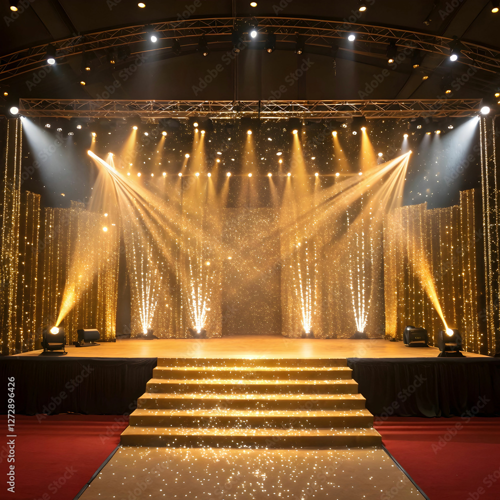 Fototapete a luxurious golden stage background adorned with sparkling glitters and illuminated by vibrant spotl