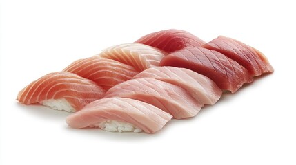 A traditional Japanese sashimi platter with assorted fish including tuna, salmon, and snapper, placed neatly on a white background