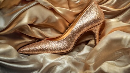 Obraz premium Sparkling High-Heeled Shoes Peeking Through Luxurious Satin Fabrics