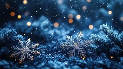 Fototapeta premium festive blue christmas background with sparkling lights,snowflakes for holiday celebrations