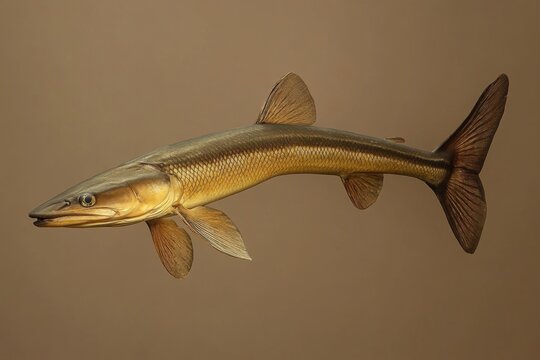 Single well preserved bowfin fish floating against a brown background