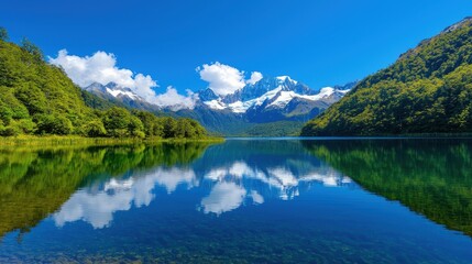 Fototapeta premium Serene lake reflecting mountains and sky with lush green forests