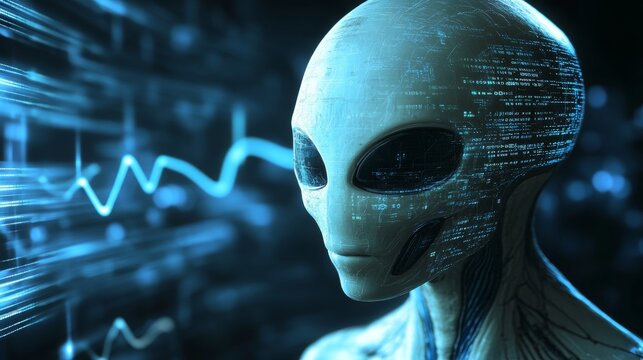 Alien Humanoid Head Surrounded by Digital Waveforms and Neural Network Patterns