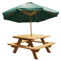 Wooden picnic table with green umbrella outdoor furniture summer relaxation,