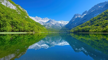 Mountain lake scene reflects the sky and surrounding greenery
