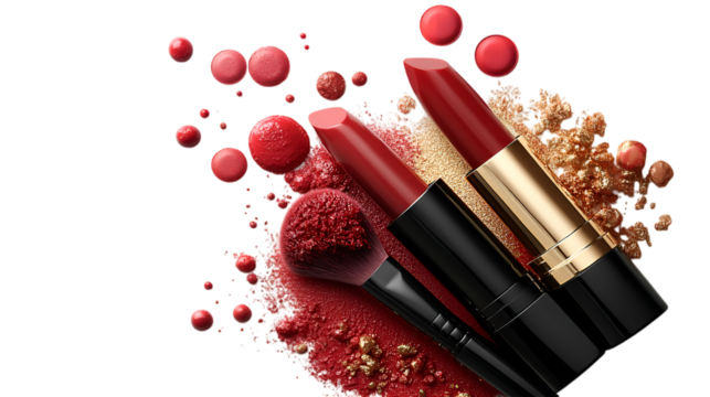 Red Lipstick Beauty Still Life: Close-Up of Cosmetic Products, Makeup Brush, and Vibrant Color Palette on White Background